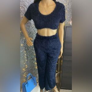 Navy Fuzzy 2-Pc Set (Crop Top & Pants)